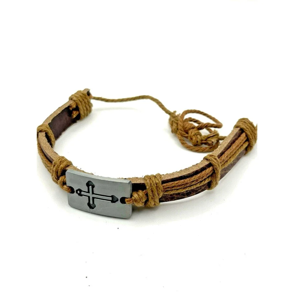 Lot of 2 Faux Leather Cross Adjustable Bracelet Set Dark Brown & Light Brown